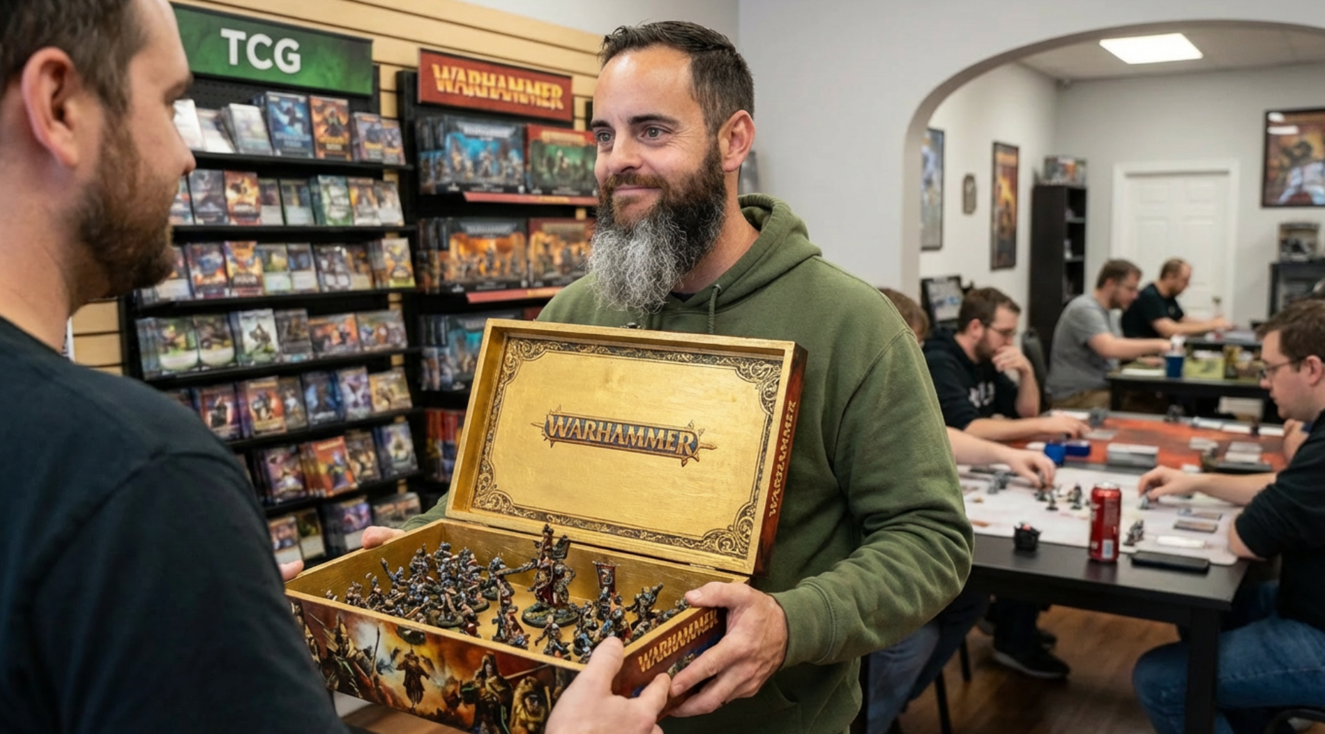 Johnnie Schatz displaying painted Warhammer miniatures at a local gaming store
