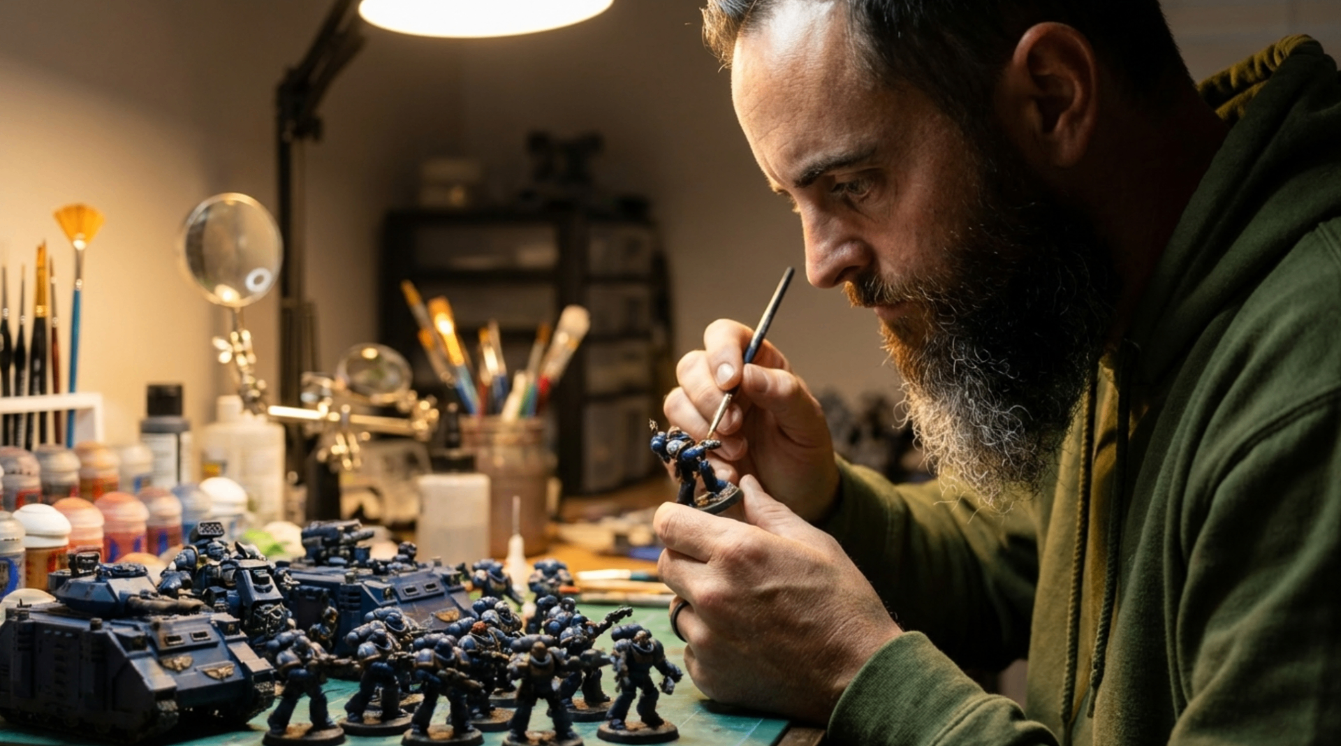 Johnnie Schatz painting Space Marine miniatures in his professional studio