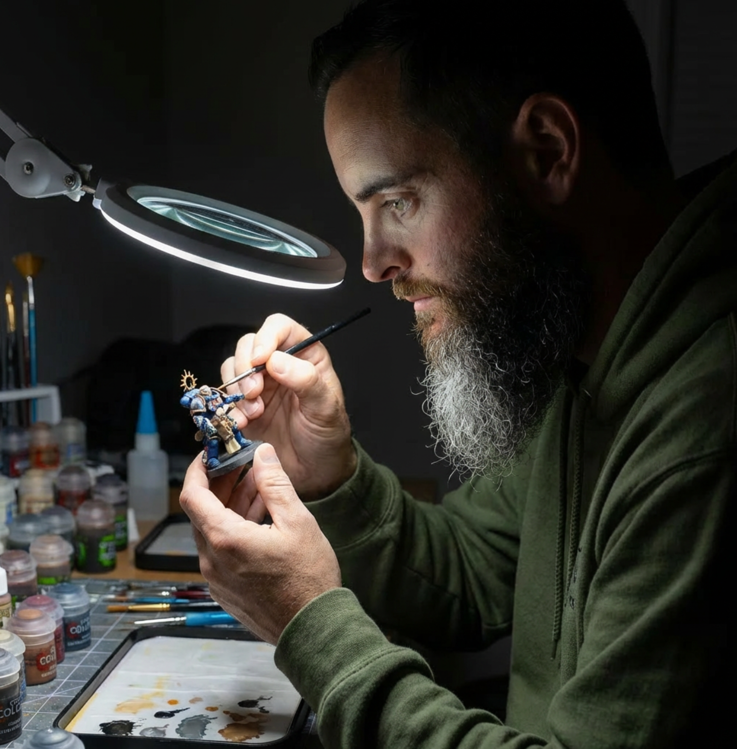 Johnnie Schatz painting a miniature figure